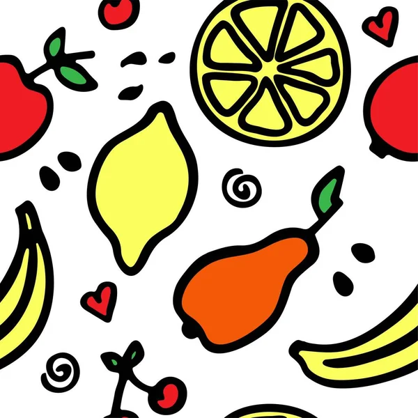 Juego Frutas Dibujadas Mano Recogida Comida Doodle Patrón Sin Costuras — Vector de stock