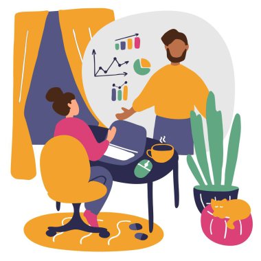 Kız evden internet üzerinden çalışıyor. Dizüstü bilgisayarı olan genç kadın. E-öğrenme, video konferansı, online eğitim. El çizimi düz vektör çizimi.