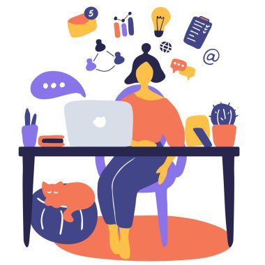 Blog yazarı kız. Genç kadın karakteri internet üzerinden yayın yapıyor ve insanları eğitiyor. İçerik ya da hesap yöneticisi ev ofisinde uzaktan çalışır. El çizimi düz vektör çizimi.