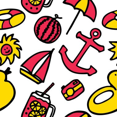 Kusursuz yaz şablonu. Elle çizilmiş elementlerle dolu renkli bir arka plan. Parmak izi ve dijital için parlak bir koleksiyon. Vektör illüstrasyonu