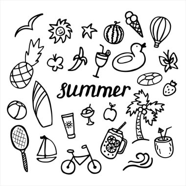 El çizimi elementlerle dolu bir yaz. El yazması yazması Summer. Vektör illüstrasyonu