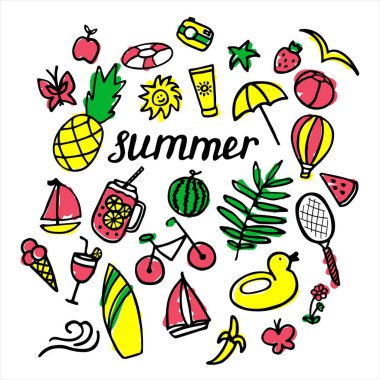 El çizimi elementlerle dolu bir yaz. Dondurma, karpuz, yapraklar, şapka, ananas, yat, spf, can simidi, bisiklet, raket, muzlu çilek topu kamera kuyruk kelebeği. Yazı Yazı
