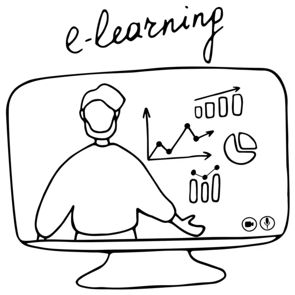 手绘的设计理念 在线教育 培训和课程 视频教学 博客Live Streaming 监控器上的人Doodle矢量说明 — 图库矢量图片