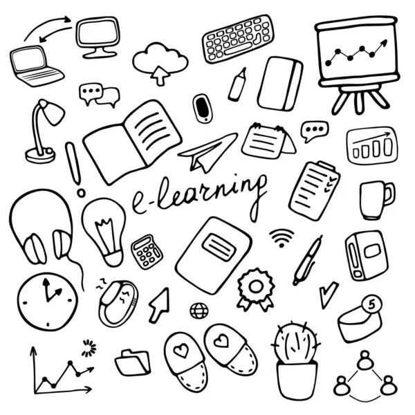 Conjunto Iconos Learning Símbolos Educación Online Ilustración Vectorial Dibujada Mano — Vector de stock