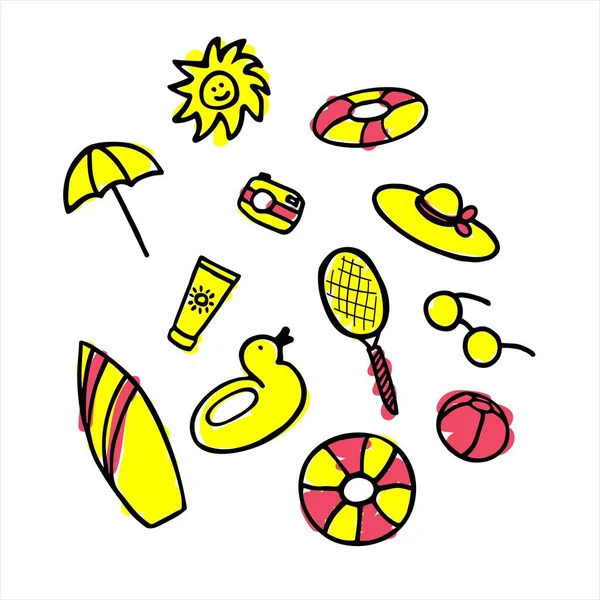 Summer Collection Hand Drawn Icon Set Sticker Pack Print Digital — Stock Vector