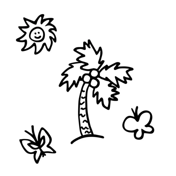 Summer Elements Hand Drawn Icons Print Digital Black White Vector — Stock Vector