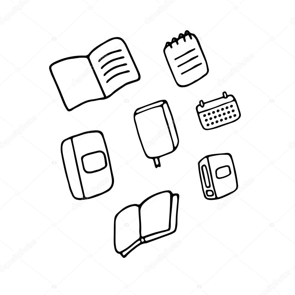 Notebooks, books, journal, calendar doodle icons. Stationery icon set. Hand drawn vector illustration.