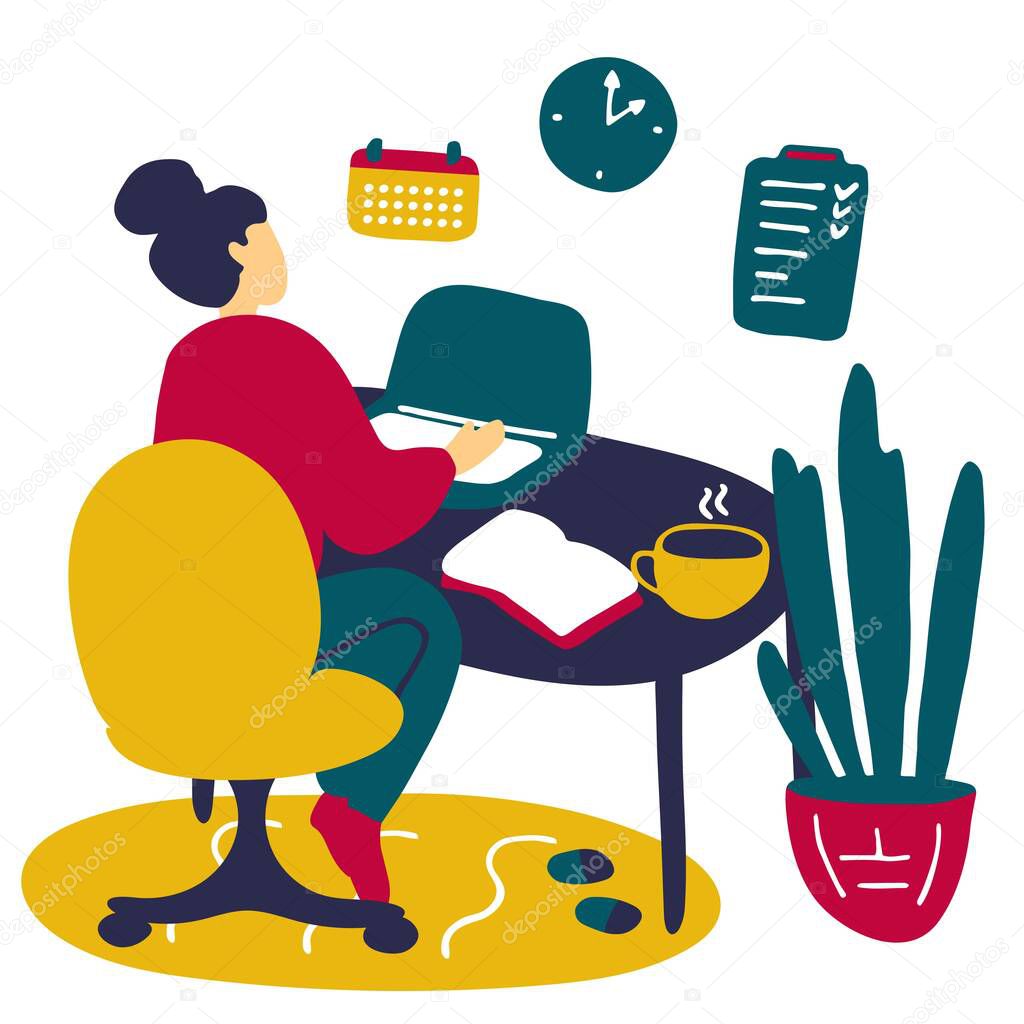 Girl is studying online from home. Young woman with laptop. E-learning, video conference, online shopping concept. Hand drawn flat vector illustration.