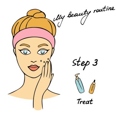 Günlük rutinim. Cilt bakımı vektör çizimi. Cilt bakım ürünleri uygulamak için doğru sipariş. Adım 3 Tedavi