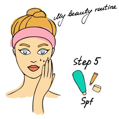 Günlük rutinim. Cilt bakımı vektör çizimi. Cilt bakım ürünleri uygulamak için doğru sipariş. Adım 5 SPF