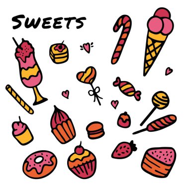 El yapımı tatlılar. Şekerler, çörekler, kurabiyeler, çikolatalar, lolipoplar ve badem kurabiyeleri.