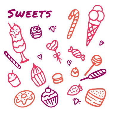 El yapımı tatlılar. Şekerler, çörekler, kurabiyeler, çikolatalar, lolipoplar ve badem kurabiyeleri.