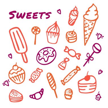 El yapımı tatlılar. Şekerler, çörekler, kurabiyeler, çikolatalar, lolipoplar ve badem kurabiyeleri.