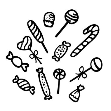 Karalama vektörü. Şekerler hazır. Logo, etiket, menü, kafe için el yapımı öğeler. Şeker koleksiyonu