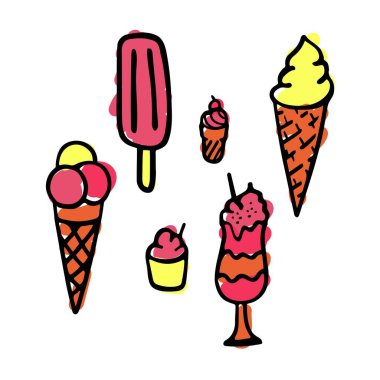 Karalama vektörü. Dondurma ikonları hazır. Logo, etiket, menü, kafe için el yapımı öğeler. Şeker koleksiyonu