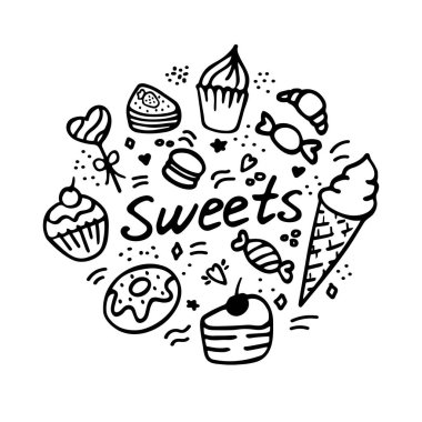 Parti pastası, pasta ve tatlı ikonlarının vektör koleksiyonu. Pastalar ve kekler ile el çizimi çizimi. Çay saati seti