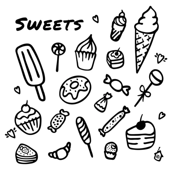 Dulces Hechos Mano Set Doodle Elements Con Caramelos Cupcakes Galletas — Vector de stock