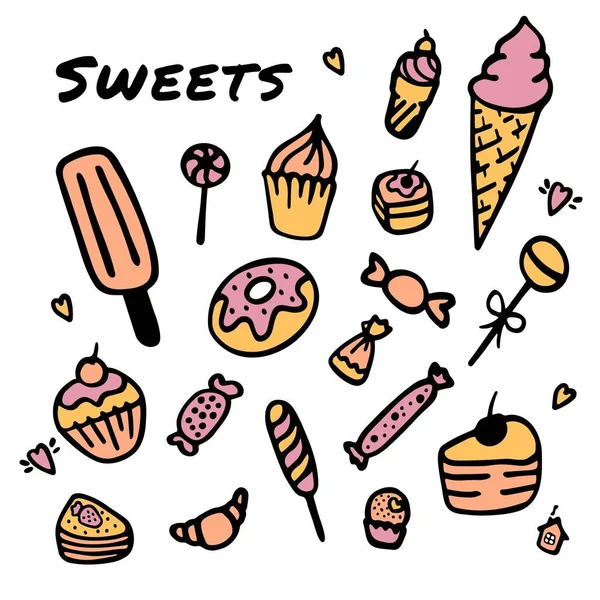 Handgezeichnete Süßigkeiten Doodle Elemente Mit Bonbons Cupcakes Keksen Pralinen Lutschern — Stockvektor