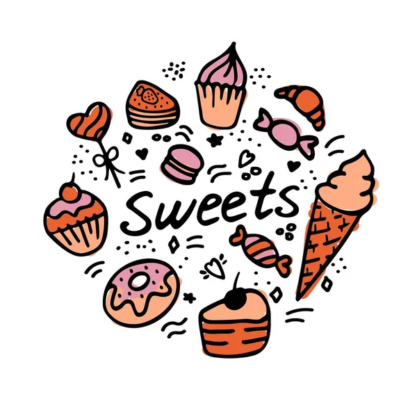 Dulces Hechos Mano Set Doodle Elements Con Caramelos Cupcakes Galletas — Archivo Imágenes Vectoriales