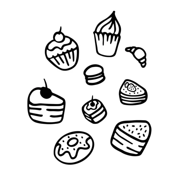 Colección Dulces Dibujados Mano Conjunto Iconos Postre Pasteles Negro Sobre — Vector de stock