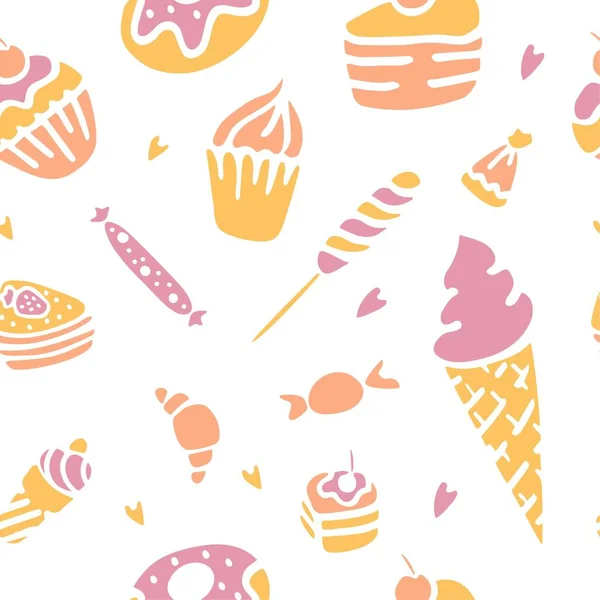 Texture Dessinée Main Bonbons Desserts Modèle Sans Couture Impression Emballage — Image vectorielle