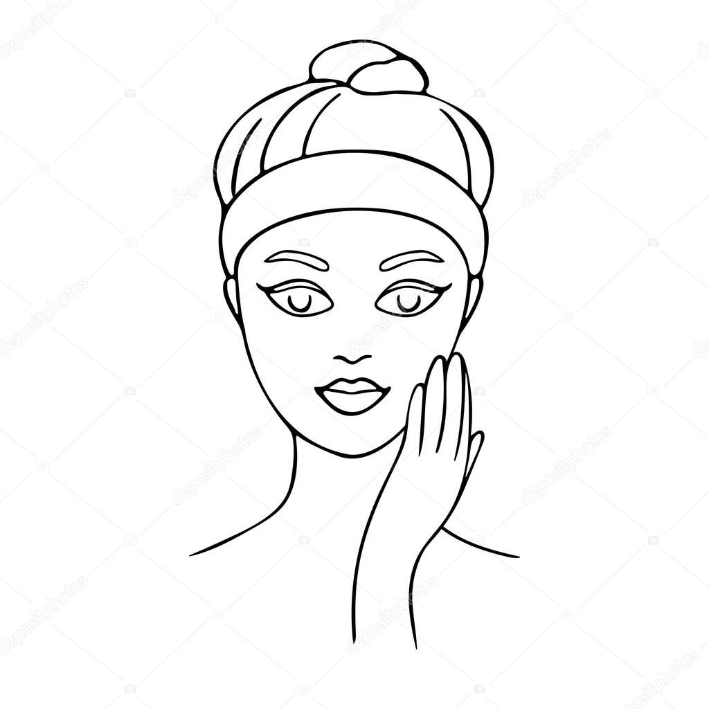 Young woman cares about her face. Hand drawn illustration. Vector illustration.