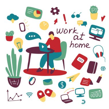 Ev konseptinde çalış. Adam karantinada evden çalışıyor. El çizimi ev ve iş simgesi seti. Coronavirus, Covid-19, Evde Kalın, Salgın Korunması Hakkında Sevimli Daire Koleksiyonu.