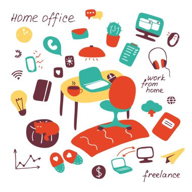 Çalış ve evde çalış. Serbest çalışma, ev ofisi, ev kavramından eve dönüş. Uzaktan kumandalı iş yeri. El çizimi düz elementler. Vektör illüstrasyonu.