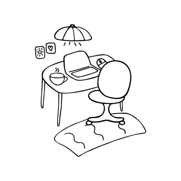 工作场所 桌上的计算机和工作用的椅子 舒适的在线培训 在家工作 教育的橱柜 手绘涂鸦矢量图解 — 图库矢量图片