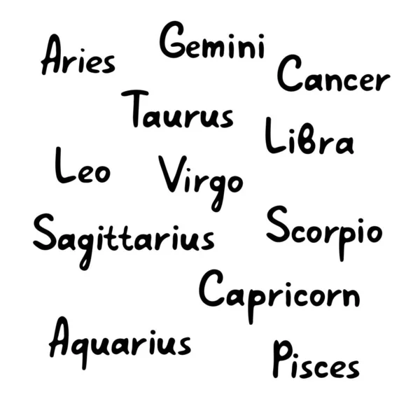 Names Zodiac Signs Set Hand Drawn Horoscope Inscriptions Black White — Stock Vector