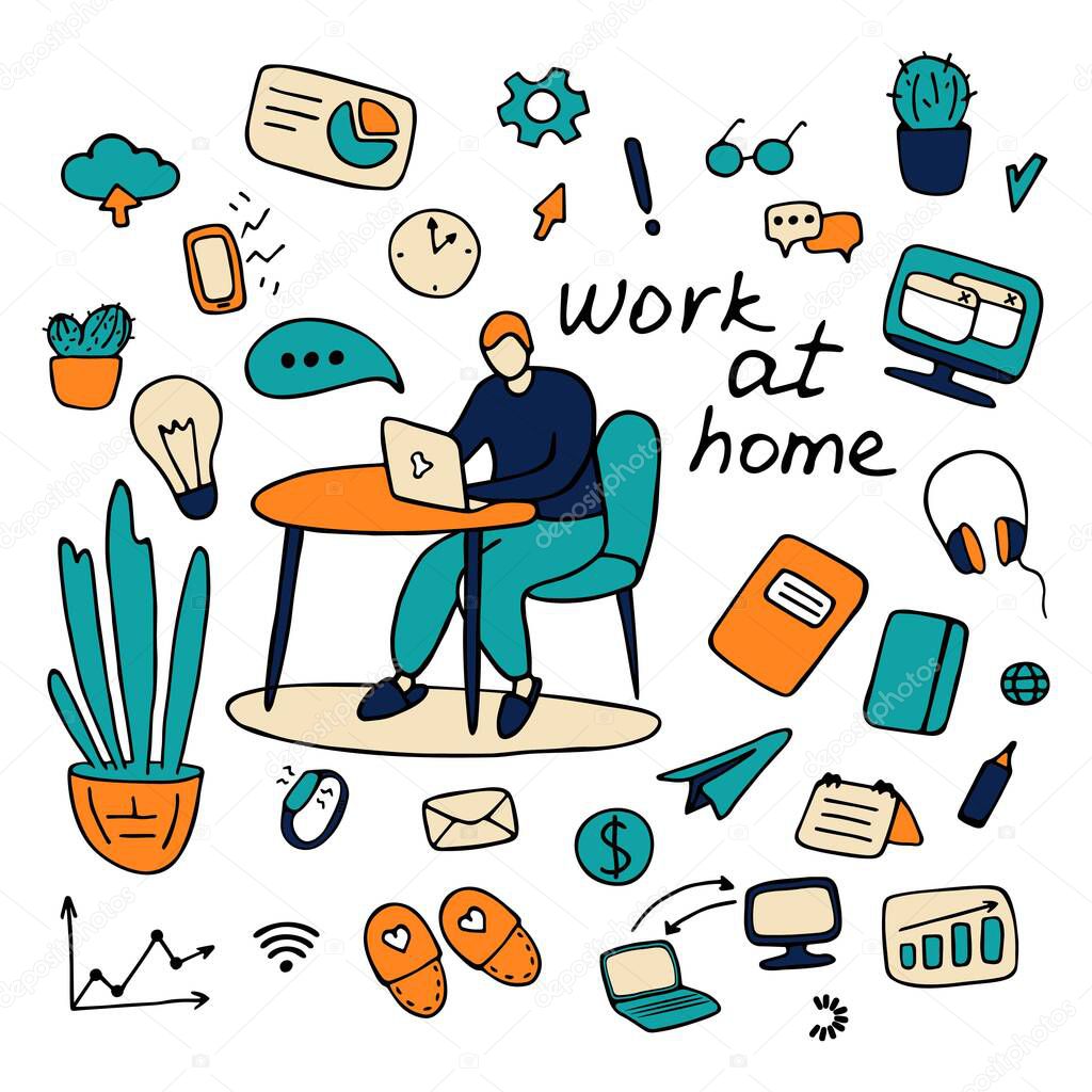 Work From Home Illustration Set Vector. Hand Drawn Flat Home And Business Icons.