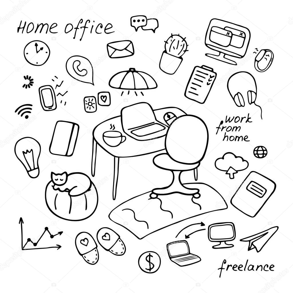 Work from home. Set of hand drawn doodle home, business, workspace icons. Freelance, remote work concept. Inscriptions - Home office, freelance, work from home