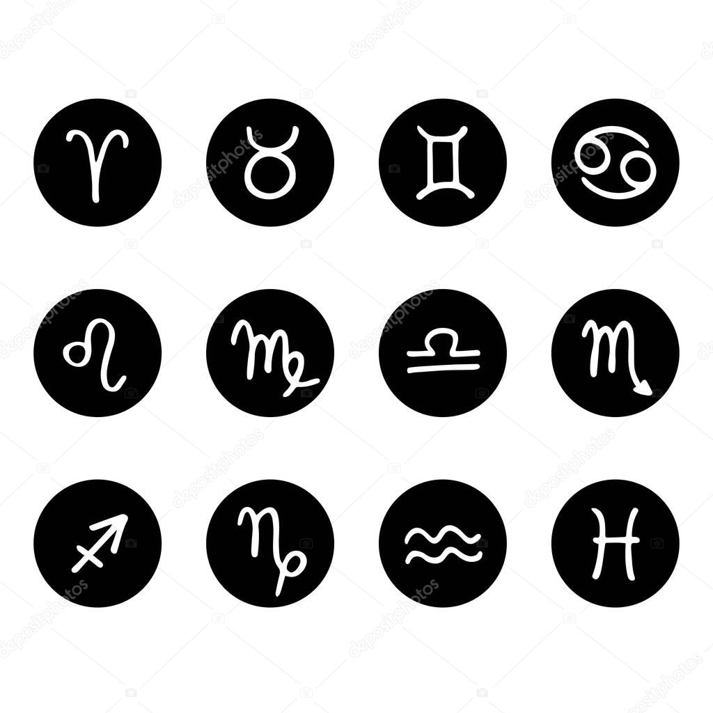 Signs Of The Zodiac. The twelve hand drawn horoscope signs. Black on white. Vector illustration