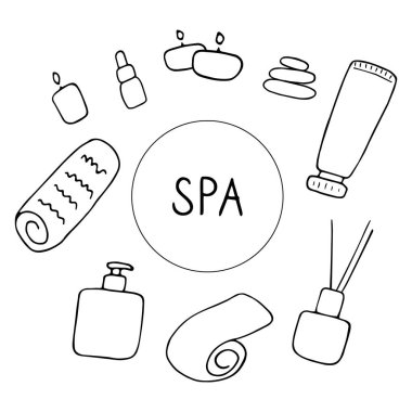 SPA ve güzellik salonu. Sevimli cilt bakımı ikonları. El çizimi vektör illüstrasyonu.
