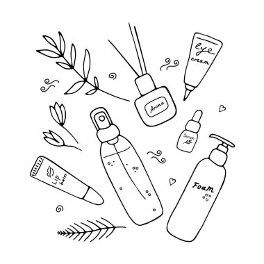 Kozmetik ürünleri ve aletleri olan güzel bir kız posteri. Cilt bakımı üreticileri. El çizimi elementler. Vektör illüstrasyonu.