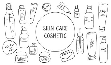 Kozmetik paketler hazır. Kadın güzellik ürünleri koleksiyonu. Yüz ve vücut bakım ürünleri. Sevimli karalama doğrusal vektör grafiği.