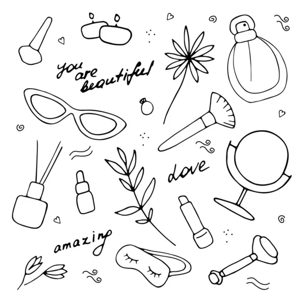 Ensemble Femmes Accessoires Beauté Produits Cosmétiques Collection Soins Peau Magnifique — Image vectorielle