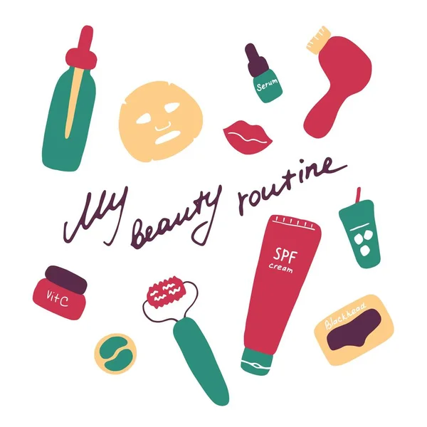 Routine Beauté Produits Cosmétiques Accessoires Icônes Beauté Pour Numérique Impression — Image vectorielle