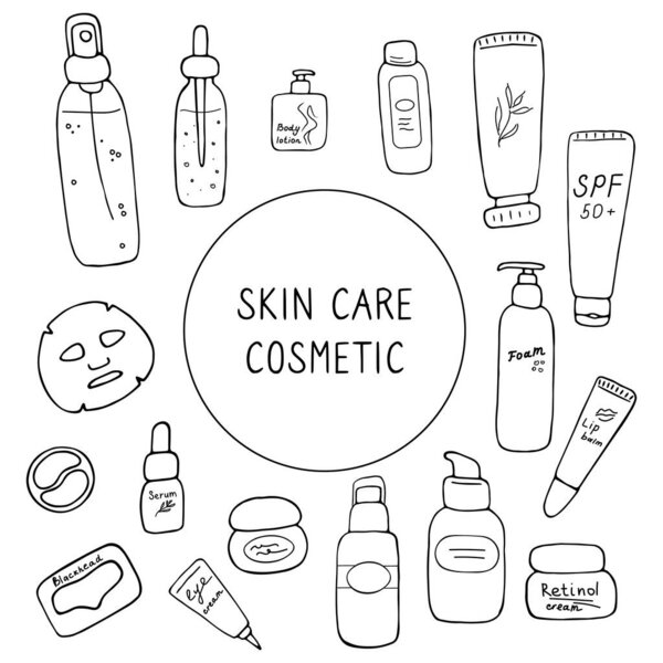 Skin care cosmetics set. Beauty products for daily routine. Cute hand drawn cosmetics packaging. Vector illustration.