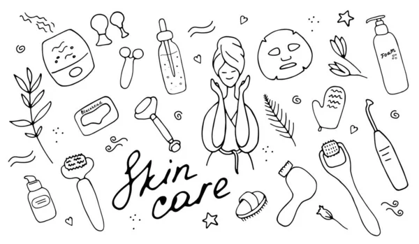 Schoonheidsset Huidverzorging Schoonheidstekens Spa Salon Self Care Iconen Vector Hand — Stockvector