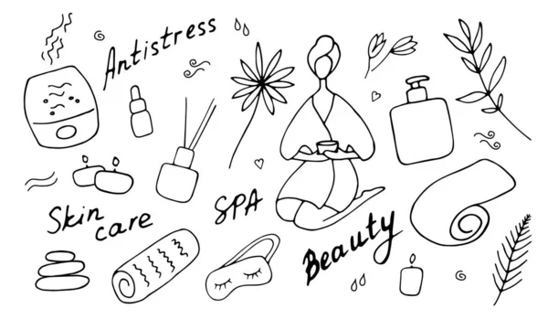 Spa Prosedürü Güzellik Sağlık Merkezi Elementleri Çizimi Vektör Illüstrasyonu — Stok Vektör