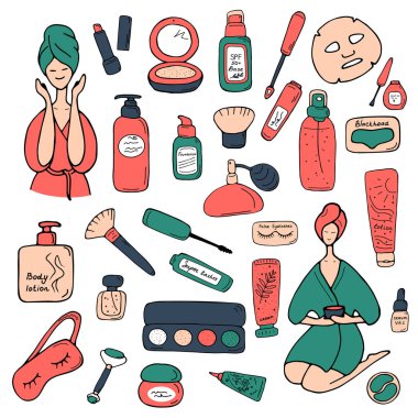 Kart, poster, afiş, çıkartma, katalog, kitap için güzellik seti. Kozmetik mağazası için makyaj ve cilt bakım ürünleri, online dükkan. Yazdırma ve ağ için sevimli simgeler. Vektör illüstrasyonu