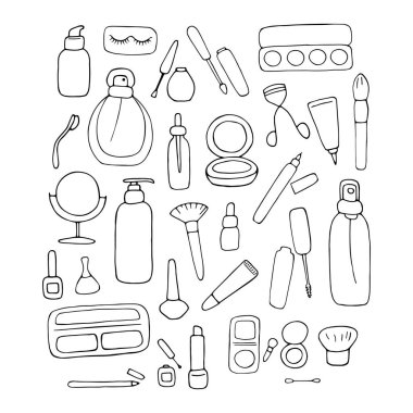 Görüntü ayarlandı. Makyaj ve güzellik öğeleri. Cilt Bakımı Kozmetik ve Dekorasyon. El çizimi karalama vektörü çizimi