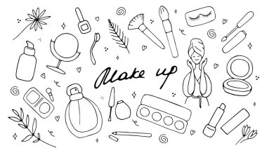 Makyaj ve güzellik sembolleri seti. Cilt bakımı ve yüz bakımı için çeşitli ürünlerin kadın koleksiyonu. El çizimi vektör illüstrasyonu