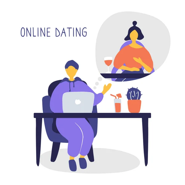 Heterosexual couple chatting online during pandemic. Man and woman flirting online on dating site. Virtual dating concept. Vector flat illustration — Stock Vector