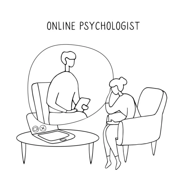 Patient Gespräch Mit Psychologen Psychotherapeutische Beratung Online Therapie Doodle Vektorgrafik — Stockvektor