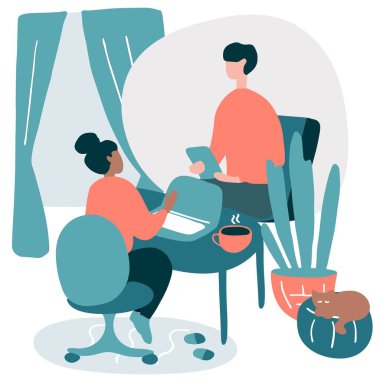 İnternet psikoloğu. Hasta sorunlarını internetten terapistle konuşuyor. Resepsiyon görüntülerini zihinsel sağlık danışmanı yönetiyor. Psikolog koç internette bir oturum düzenliyor. Vektör.