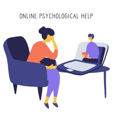İnternet psikoloğu. Hasta sorunlarını internetten terapistle konuşuyor. Resepsiyon görüntülerini zihinsel sağlık danışmanı yönetiyor. Psikolog koç internette bir oturum düzenliyor. Vektör.