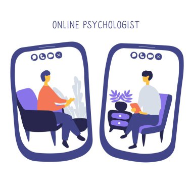 Doktor ve hasta görüntülü görüşme ile iletişim kuruyor. Online psikiyatrist konsepti. Ekrandaki akıllı telefonlardan iki kişi birbiriyle konuşuyor. El çizimi vektör illüstrasyonu.