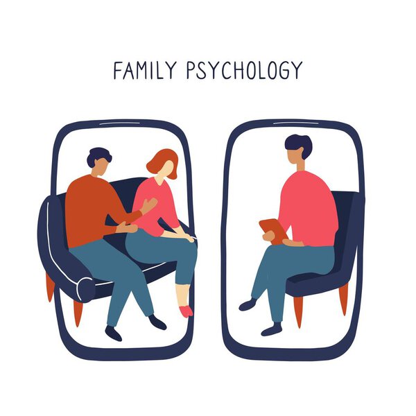 Семейный психолог. Онлайн-консультации для пары. Пациенты на психологической консультации. Плоские каракули.